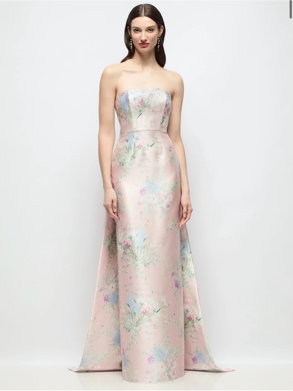 Dessy NEW Strapless Pink Floral Satin Evening Gown